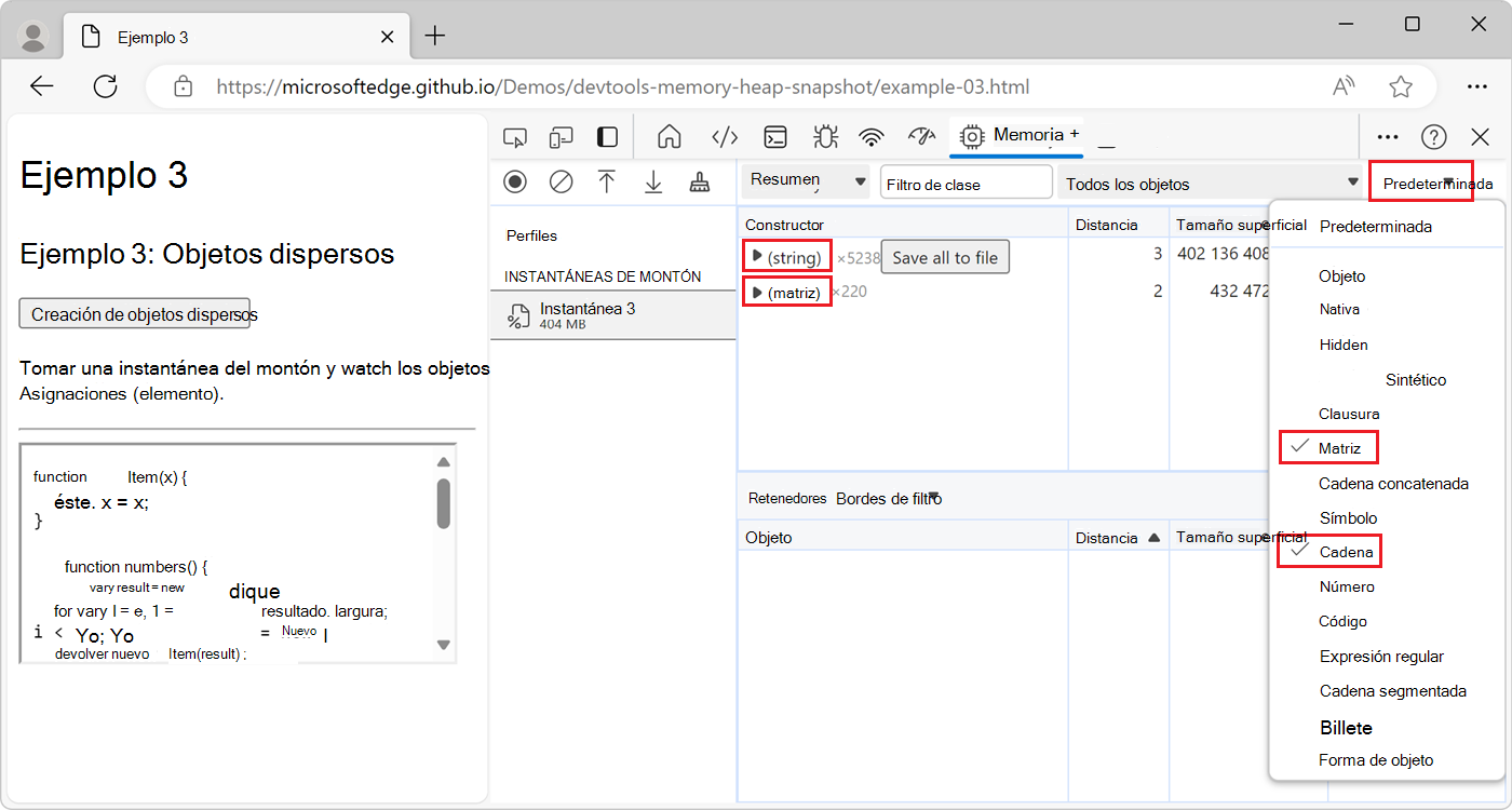 Tipos de nodo en una instantánea de montón en la herramienta Memoria