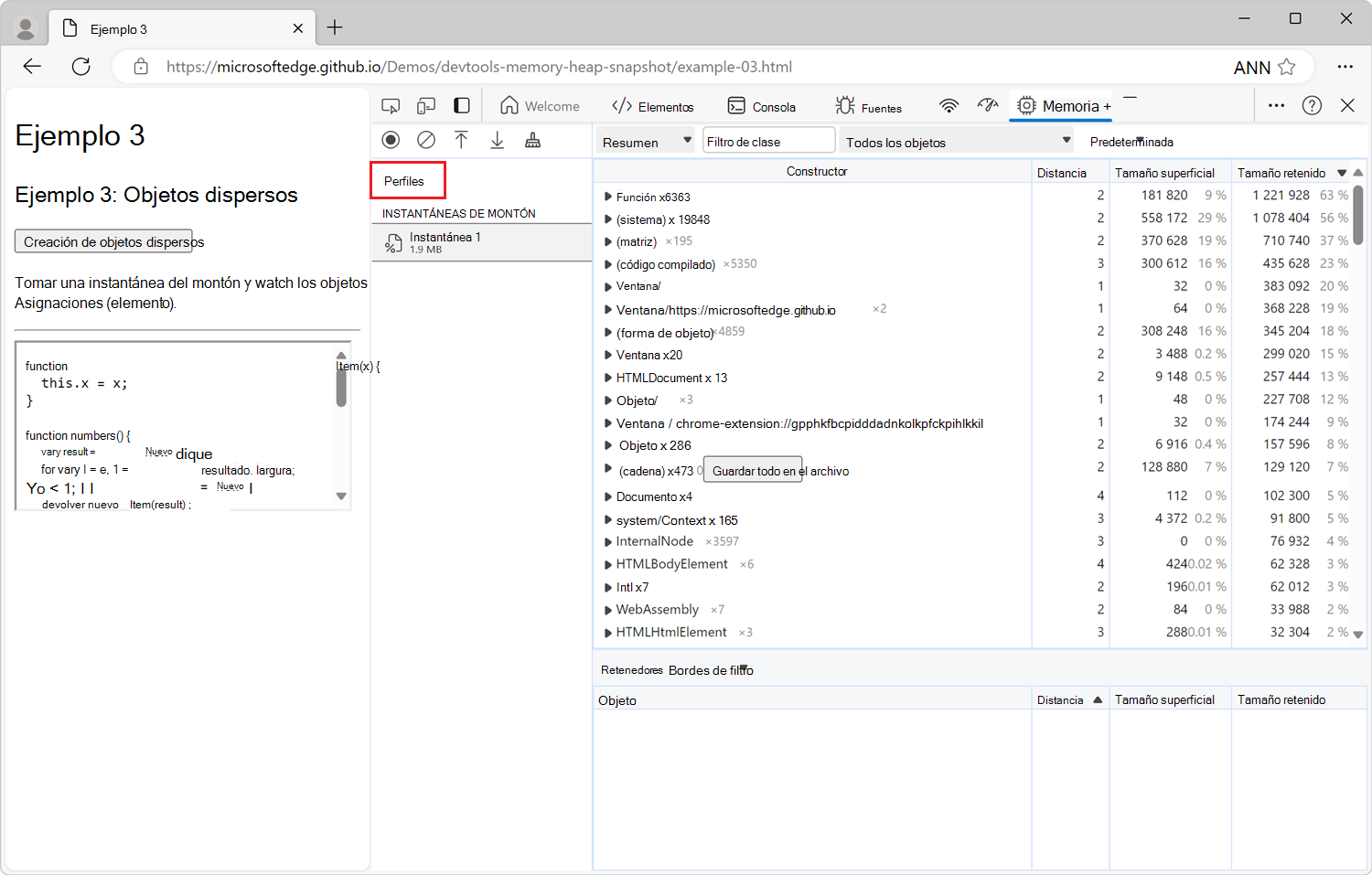 Botón Perfiles para tomar otra instantánea