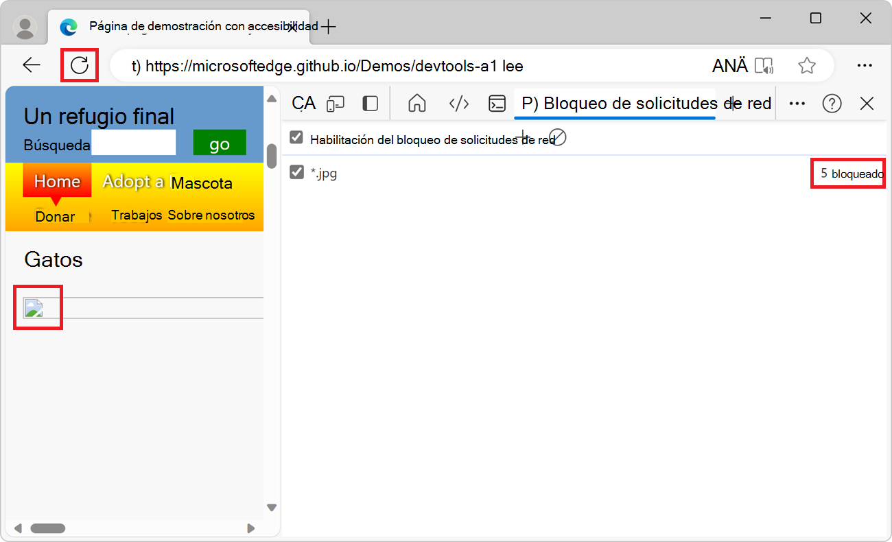 La herramienta de bloqueo de solicitudes de red, que bloquea todas las imágenes JPEG