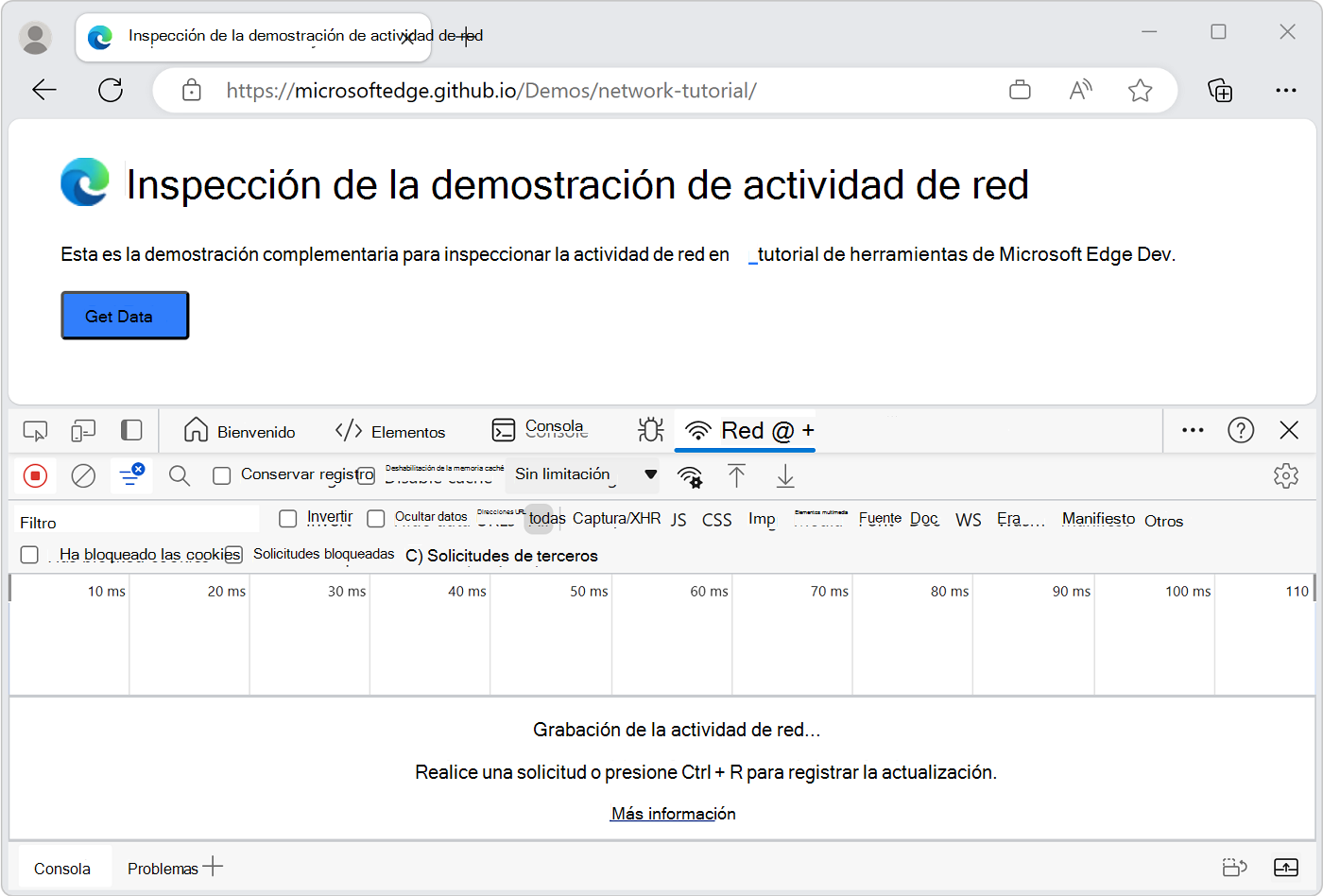 Herramienta de red en DevTools, con DevTools acoplado a la parte inferior de la ventana