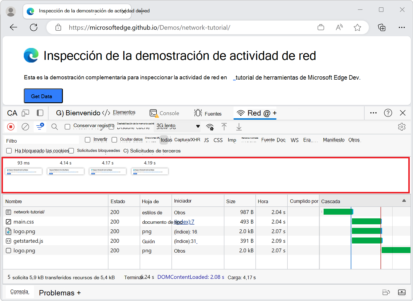 Capturas de pantalla de la carga de página