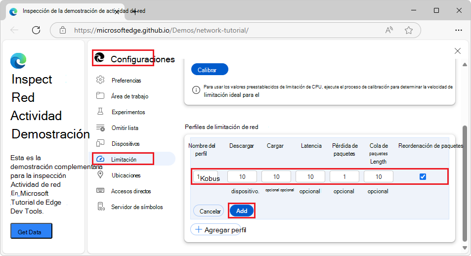 Creación de un perfil de limitación personalizado en limitación de configuración > de DevTools >