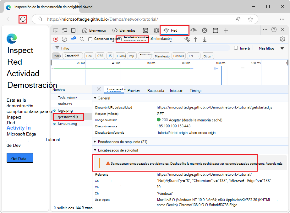 Mensaje de advertencia de encabezados provisionales