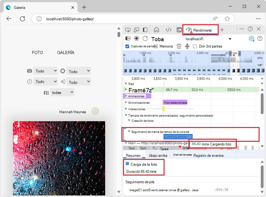 Una pista personalizada con entradas personalizadas agregadas con la API console.timeStamp