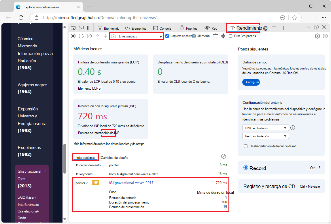 Pestaña Interacciones