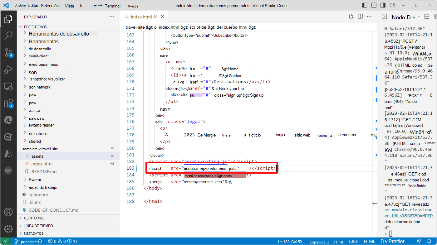 Visual Studio Code, que muestra el código index.html y la nueva etiqueta de script de mapa a petición
