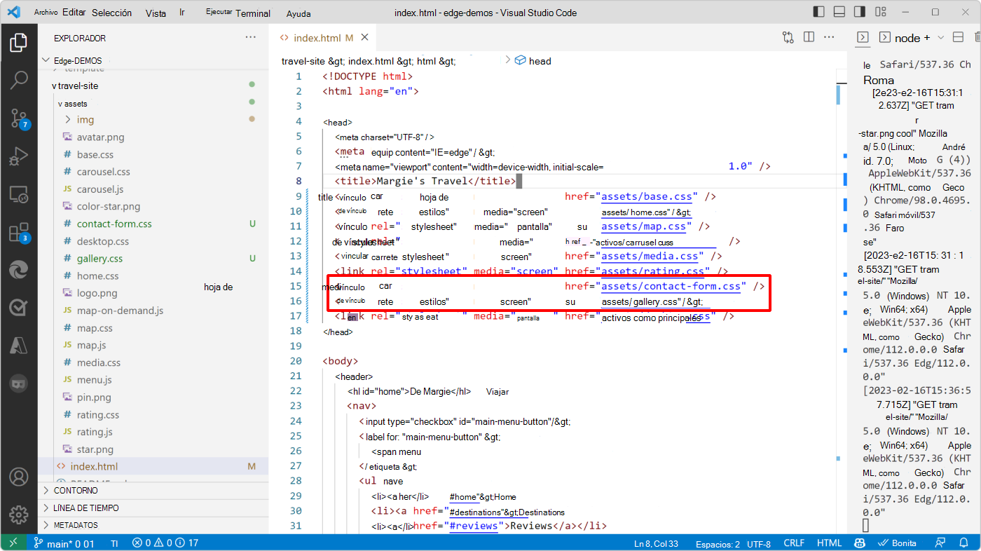 Visual Studio Code, con el index.html abierto, que muestra dónde están las dos etiquetas de vínculo