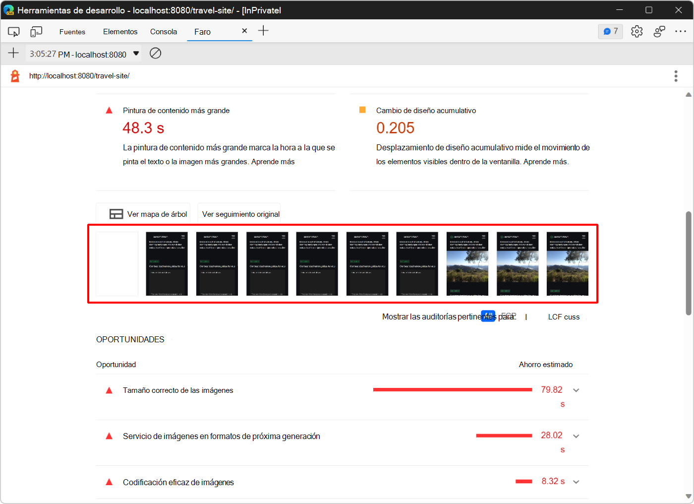 Serie de capturas de pantalla que muestran el aspecto de la página durante la carga