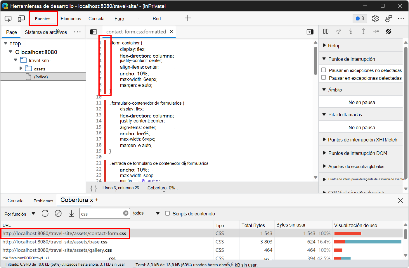 El archivo contact-form.css de la herramienta Orígenes, con barras rojas junto a las líneas no utilizadas