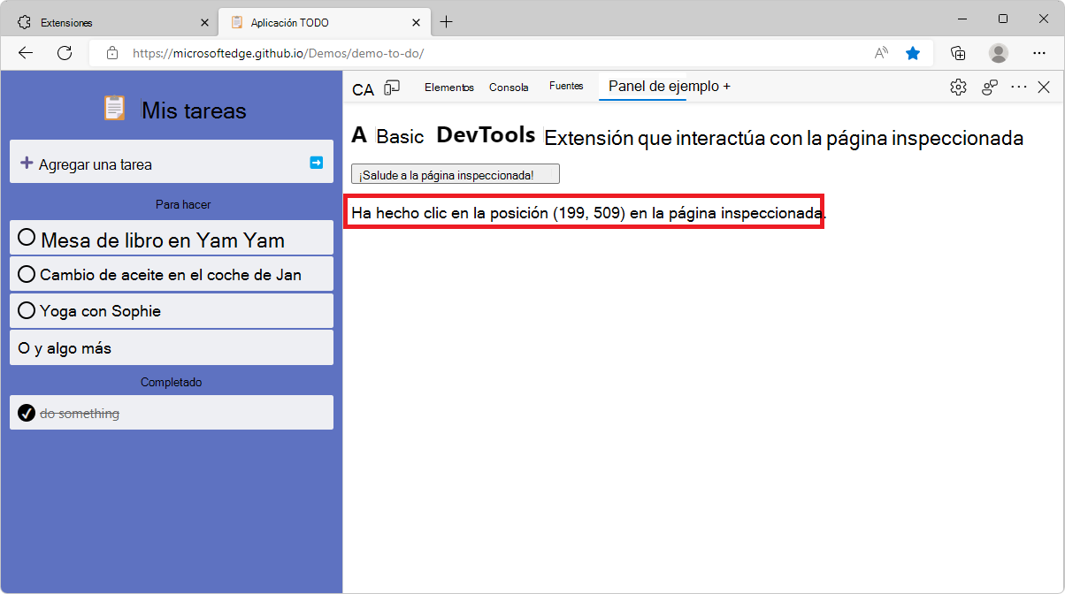El panel de ejemplo de DevTools que muestra el mensaje de posición en el que se ha hecho clic