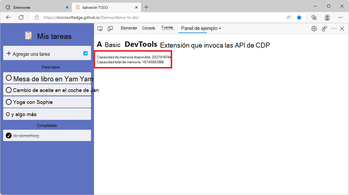 El nuevo panel de extensión de DevTools, que muestra información de memoria