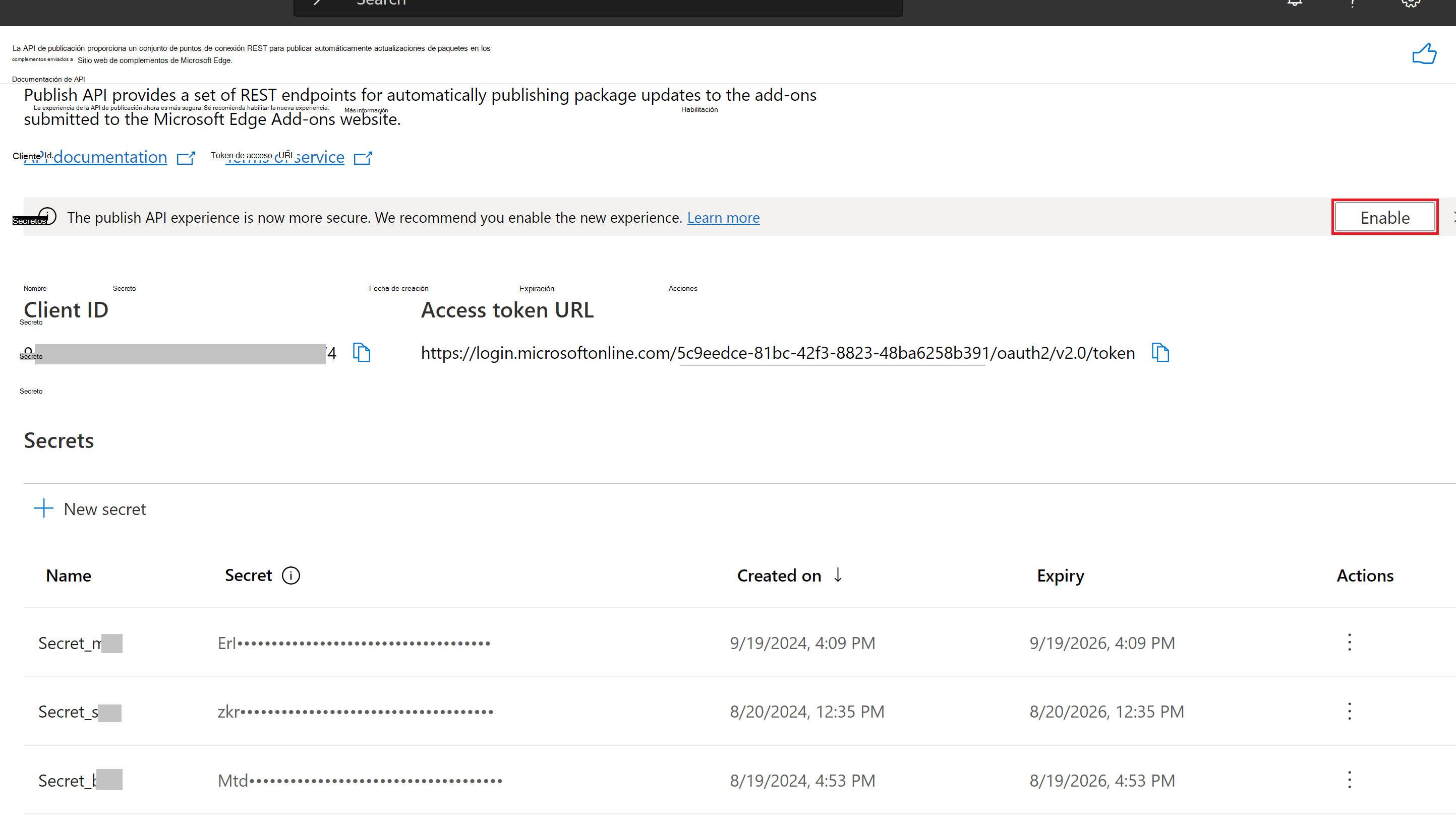 Habilitación de la API en el Centro de partners, para la versión 1.1