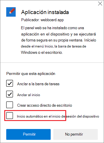 El cuadro de diálogo posterior a la instalación se abre automáticamente después de instalar una aplicación