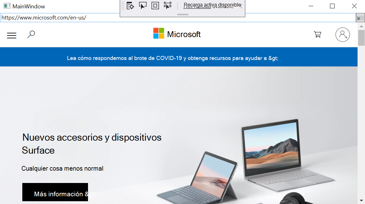 La aplicación de ejemplo muestra el URI en la barra de direcciones y el sitio web de Microsoft