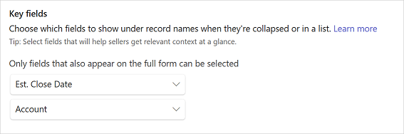 Screenshot showing how to select key fields for mini view in the Sales agent. Screenshot showing how to select key fields for mini view in the Sales agent.