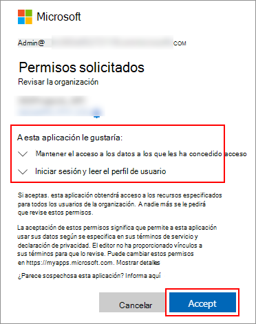 Captura de pantalla que muestra el cuadro de diálogo que acepta el consentimiento para los permisos solicitados por una aplicación.