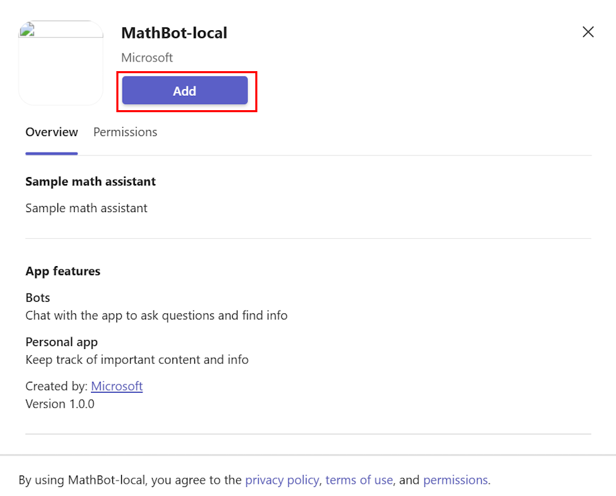 Captura de pantalla que muestra la opción para agregar la aplicación en el cliente web de Teams.