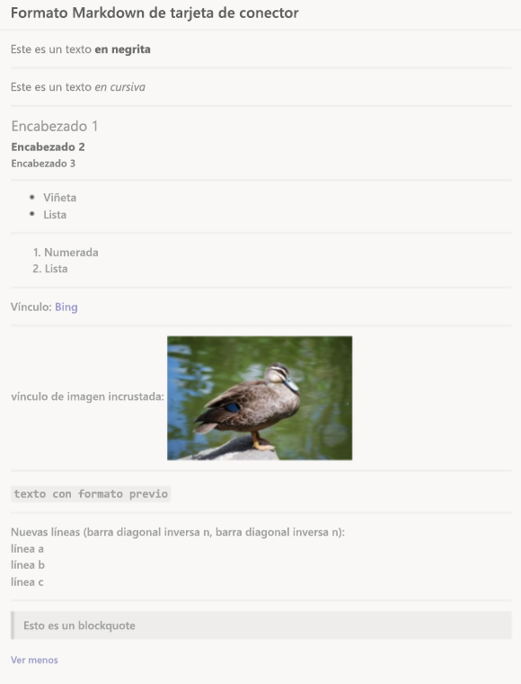 Captura de pantalla que muestra el formato de Markdown para las tarjetas del conector.