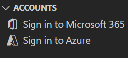 Captura de pantalla que muestra la opción Iniciar sesión en Microsoft 365 y Azure en CUENTAS en Teams Toolkit for Visual Studio Code.