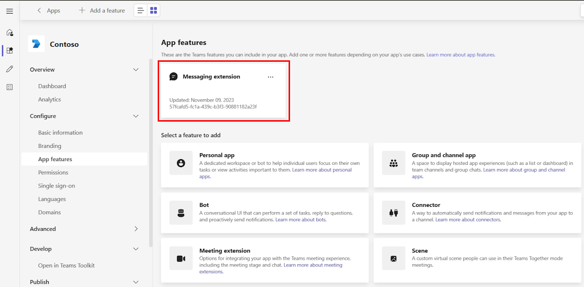 Captura de pantalla que muestra la extensión de mensajería creada y enumerada en la página Características de la aplicación en el Portal para desarrolladores de Teams.