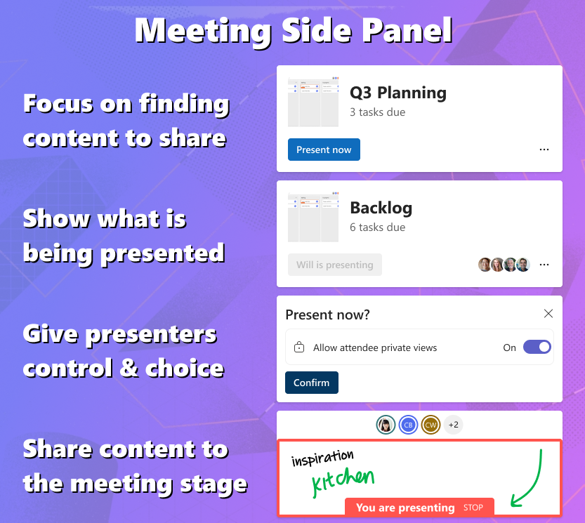 Introducción a los casos de uso únicos de Live Share en el panel lateral de la reunión.