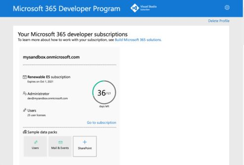 Captura de pantalla de la suscripción al Programa para desarrolladores de Microsoft 365.