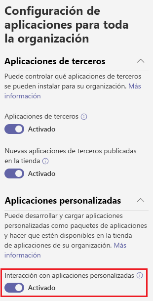 Captura de pantalla que muestra cómo habilitar la opción de carga de aplicaciones personalizadas desde el Centro de administración de Teams.