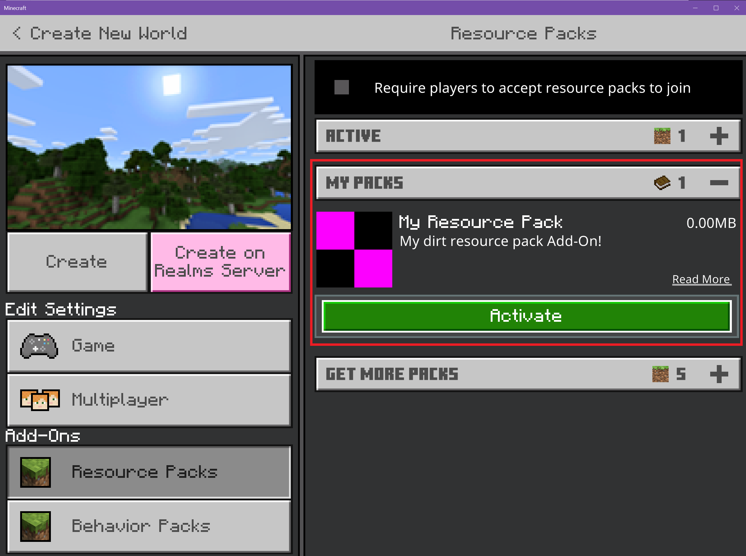 Imagen de la página de configuración de Minecraft con el menú de complementos seleccionado para los packs de recursos. Hay un rectángulo rojo alrededor de My Resource Pack y el botón Activar.