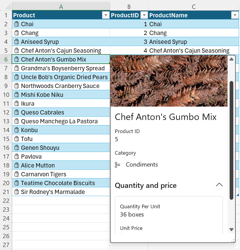 Tipo de datos de valor de entidad con la ventana de tarjeta mostrada.