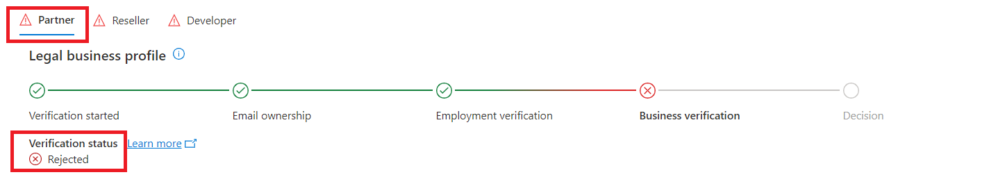 Captura de pantalla de la configuración de la cuenta | Ventana Información legal en el Centro de partners, con la pestaña Partner y el estado de verificación resaltados.