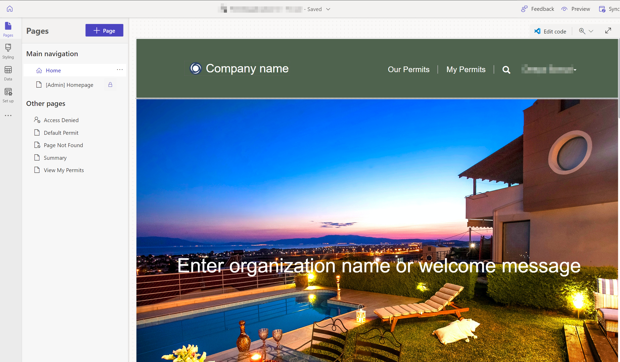 A páxina de destino do modelo de procesamento de solicitudes no estudo de deseño.
