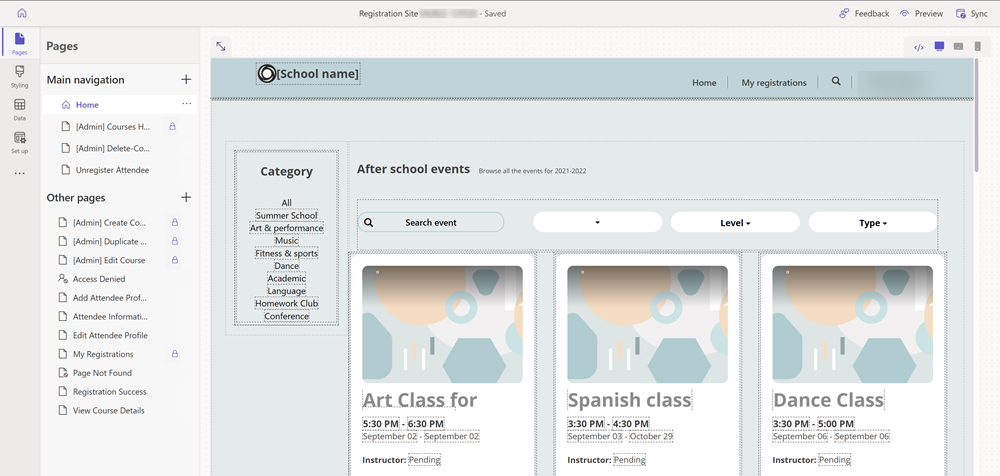 A páxina de destino do modelo de rexistro de programas.