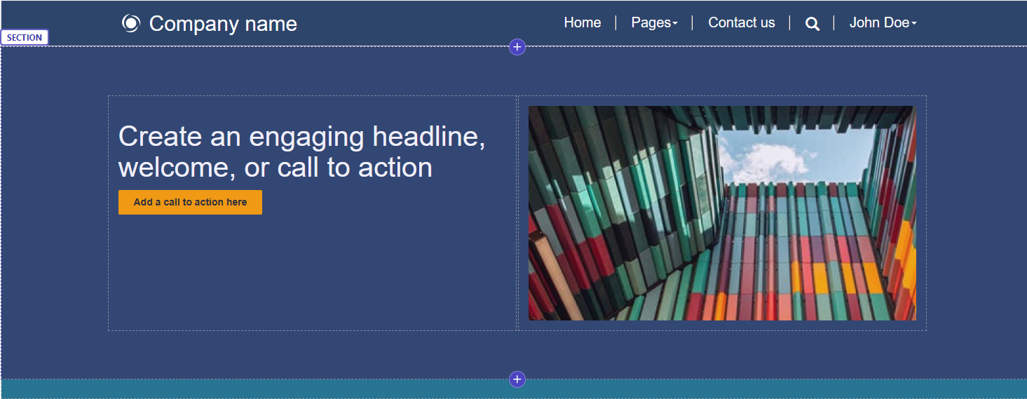 Un dos deseños de modelos de inicio dispoñibles en Power Pages. Este modelo de deseño de inicio ten un azul intenso e mostra unha cabeceira con texto branco. O corpo da páxina está en disposición de 2 columnas. A columna da esquerda inclúe texto de inicio branco e un botón laranxa. A columna da dereita inclúe unha imaxe de rañaceos de cores e un ceo brillante e nubrado.