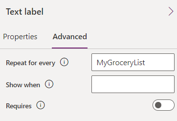 Captura de pantalla do panel de propiedades avanzadas dunha etiqueta de texto, con MyGroceryList en Repetir para cada propiedade.