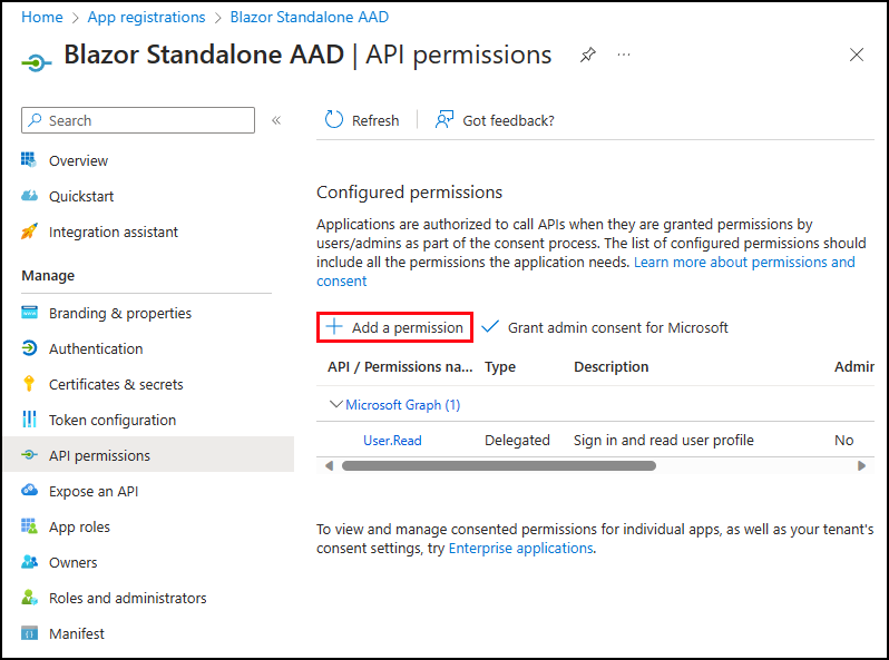 Página de configuración de permisos de API de la aplicación registrada.