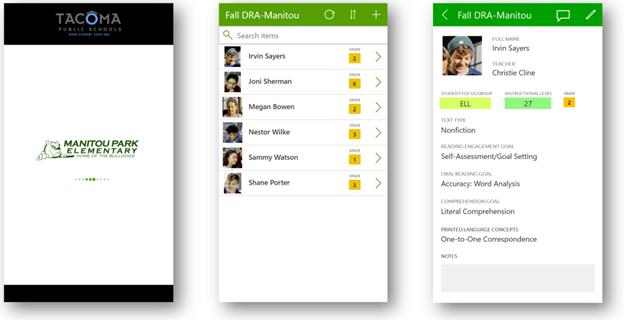 Capturas de pantalla da aplicación DRA2 de Tacoma Public Schools.