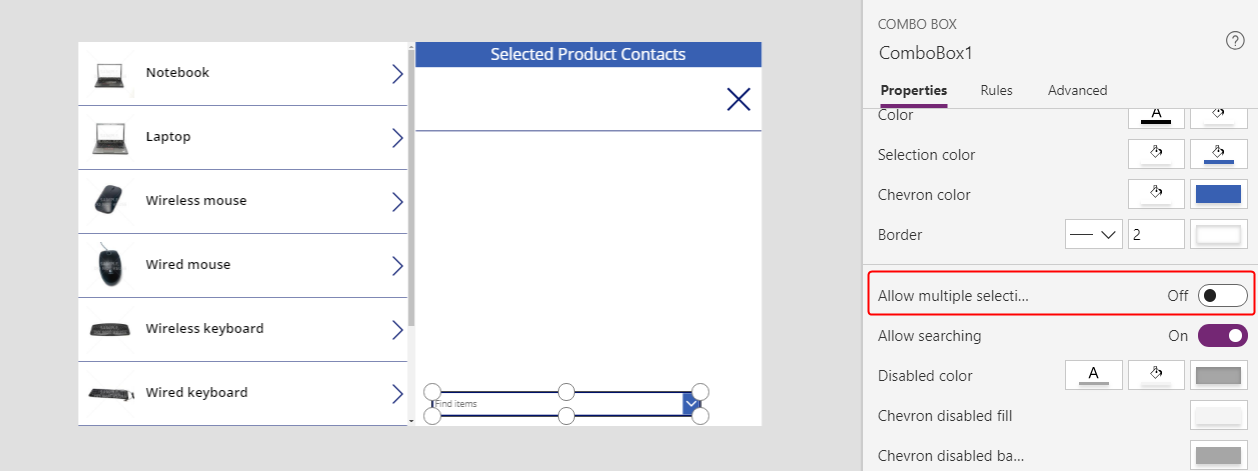 Configurar a propiedade Deseño da caixa de combinación.