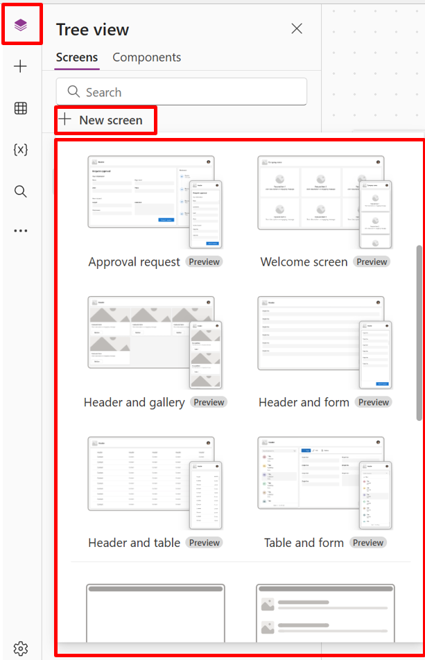 Captura de pantalla que mostra as novas opcións de deseño da pantalla Power Apps.