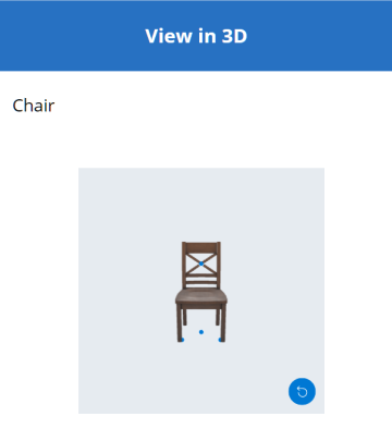 Captura de pantalla dunha aplicación móbil que mostra un modelo 3D dunha cadeira, con catro círculos azuis que marcan a localización dos marcadores.