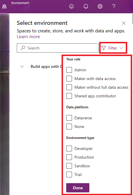 Selector de ambiente para filtrar e seleccionar un ambiente