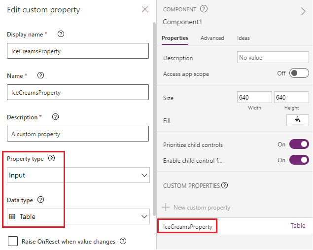 A propiedade de entrada personalizada espera o tipo de datos da táboa.