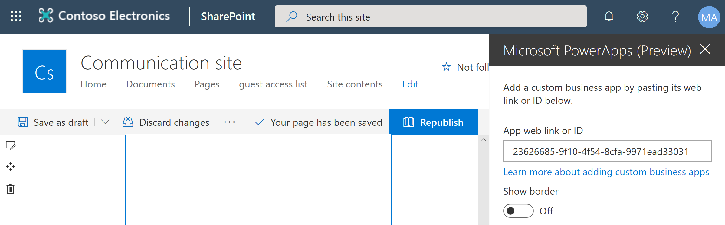 Inserir unha aplicación de lenzo en SharePoint para convidados.