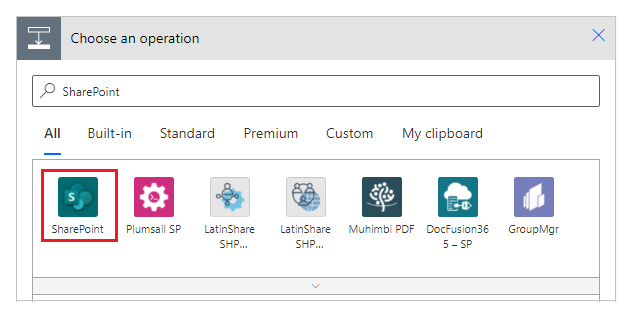 Buscar ou escoller o conector de SharePoint.