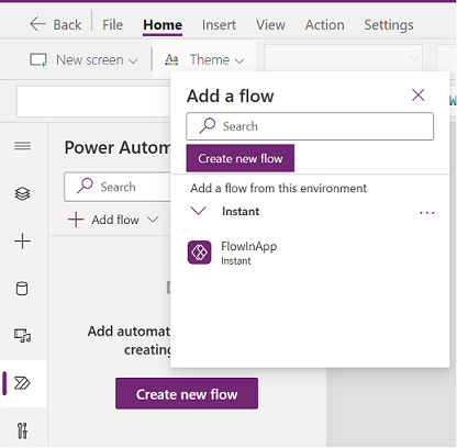 Captura de pantalla na que se mostra o botón de Power Automate no panel esquerdo co diálogo Engadir fluxo aberto, que mostra o fluxo FlowInApp dispoñible para engadilo á aplicación.