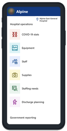 Captura de pantalla da aplicación de lona de solución de resposta de emerxencia hospitalaria que se executa nun teléfono, mostrando o compoñente de lona de conmutación.