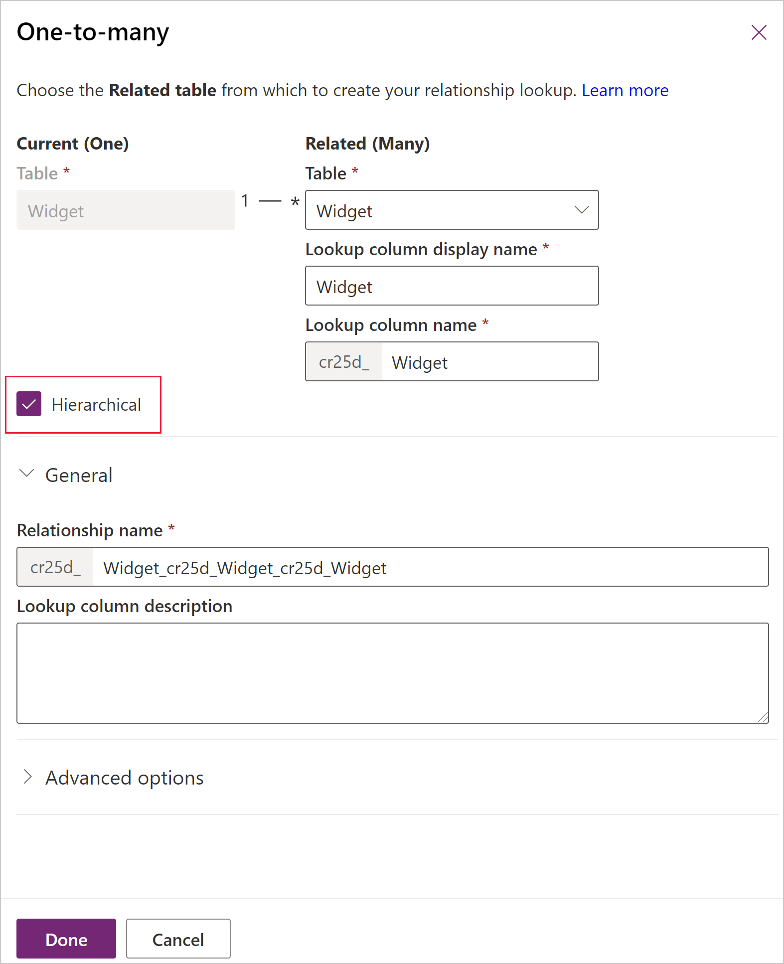 Configuración xerárquica na Definición da relación.