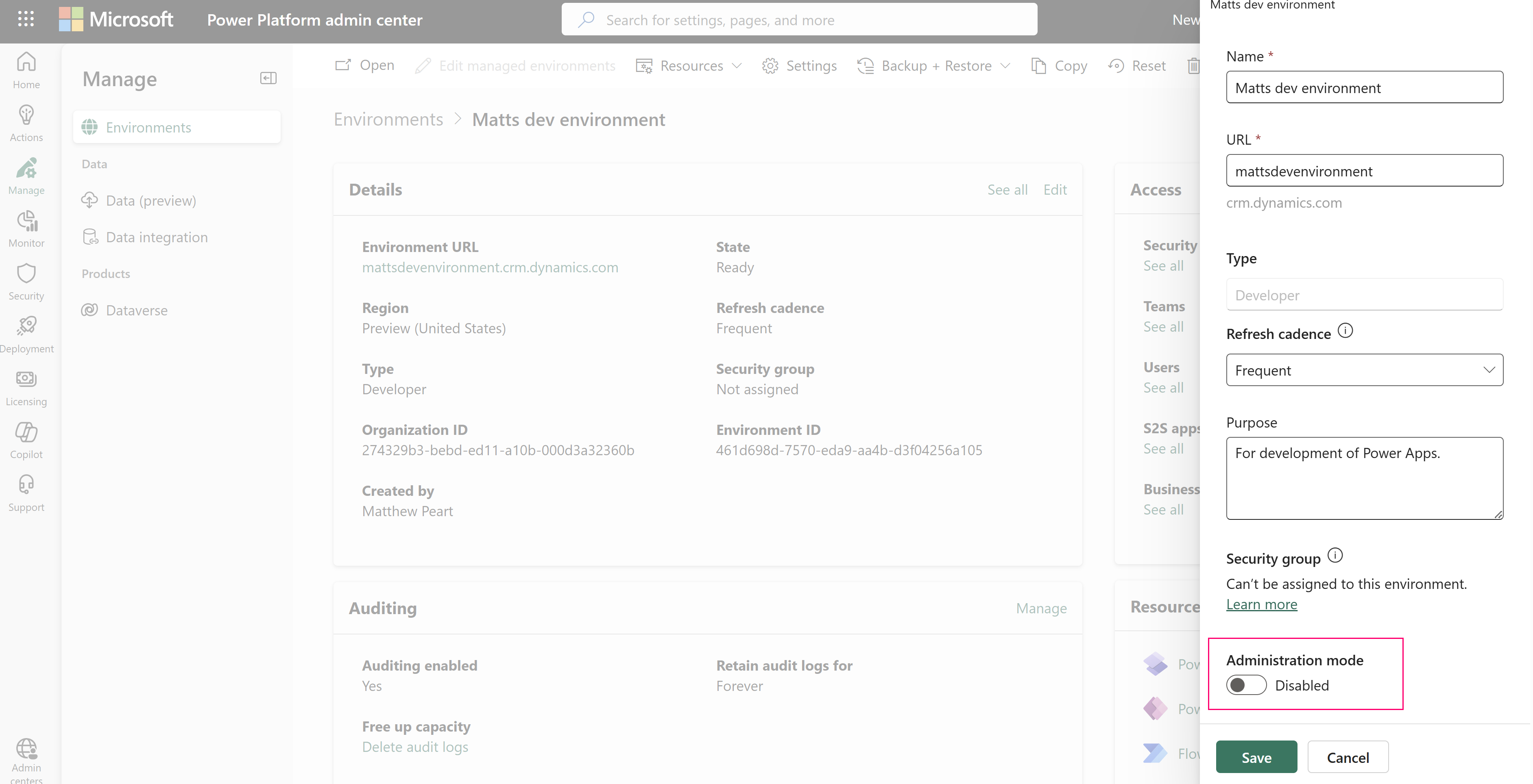Desactivar o modo de administración.