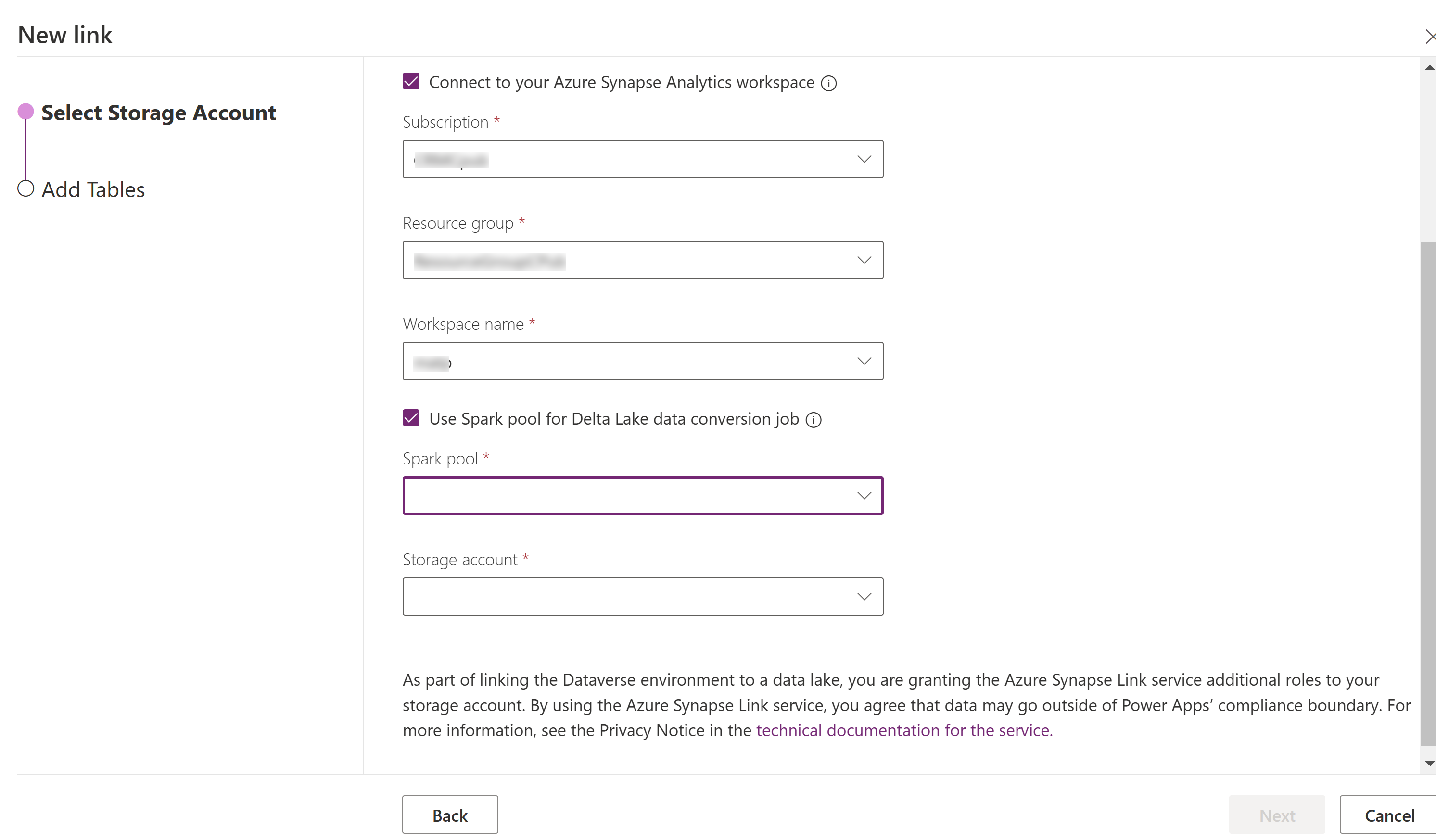 Azure Synapse Link for Dataverse configuración que inclúe a piscina de chispas.