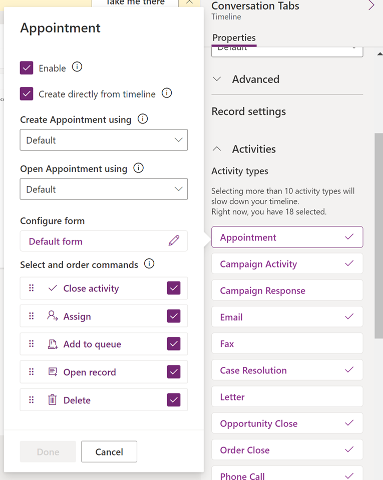 Configure a capacidade de activar accións de comando desde a liña de tempo