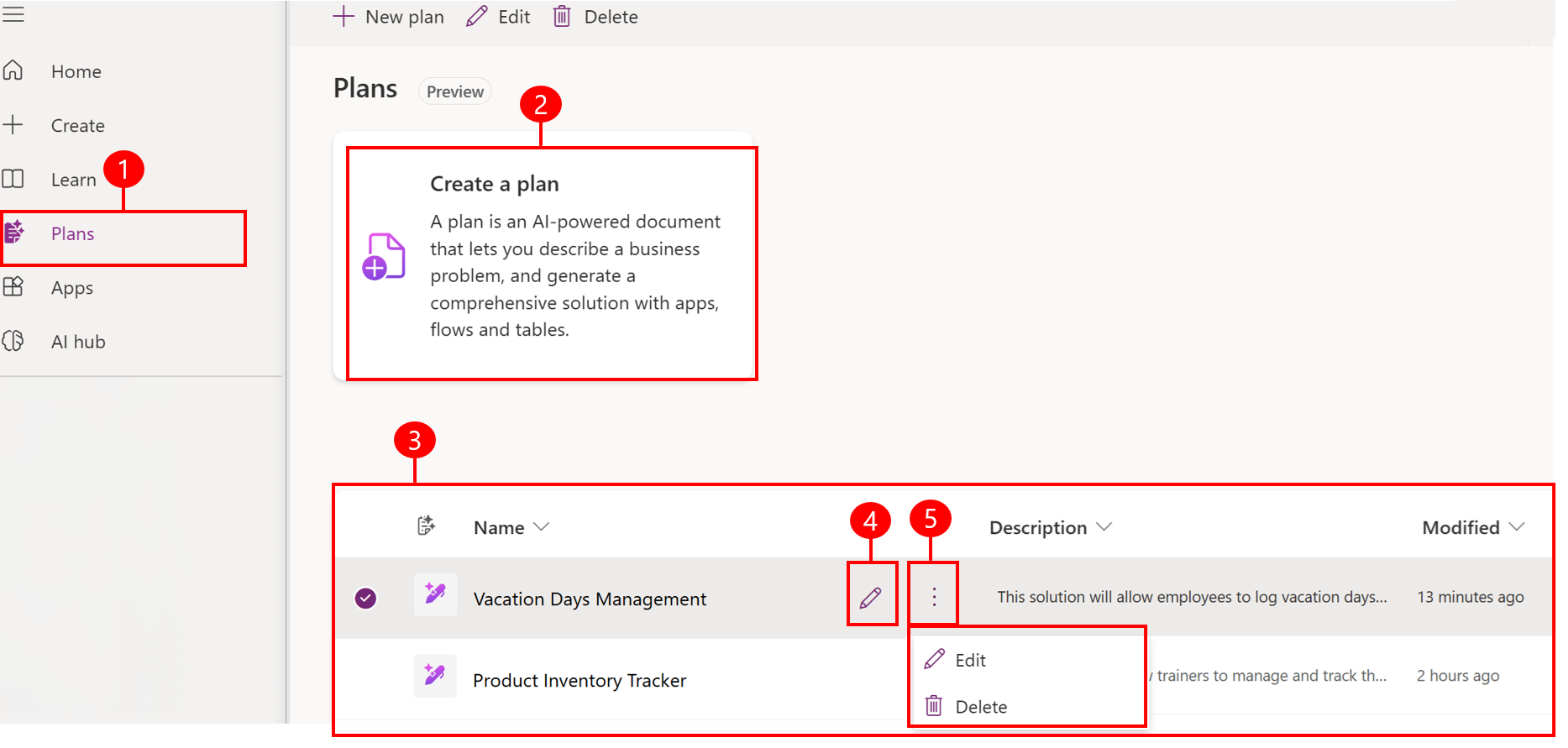 Captura de pantalla do menú Plans no panel de navegación esquerdo. As opcións inclúen a creación, visualización e edición de planos.